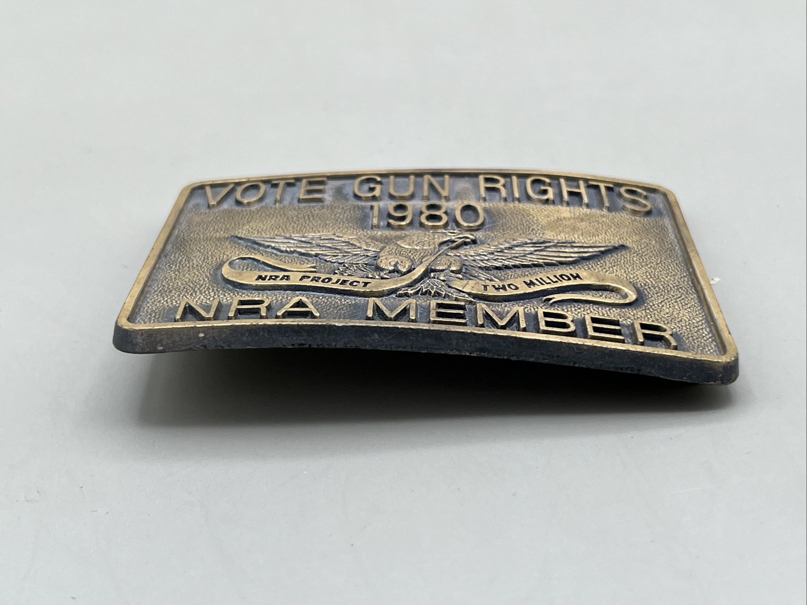 Vintage 1980 Vote Gun Rights NRA Member Belt Buckle Project Two Million Brass