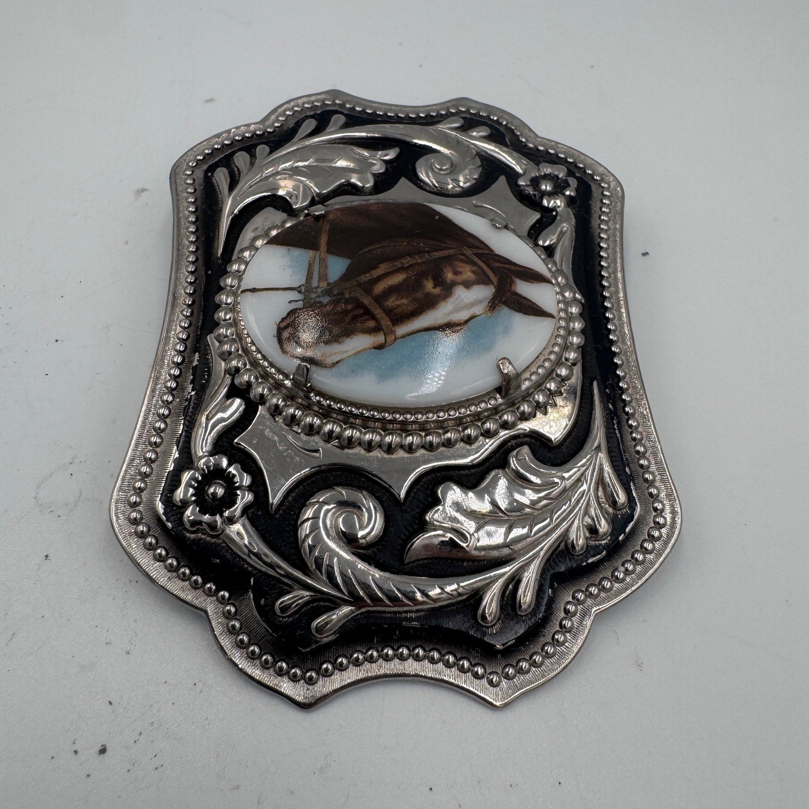 Vintage Western Horse Portrait Belt Buckle Silver Tone Floral Scrollwork Cowboy