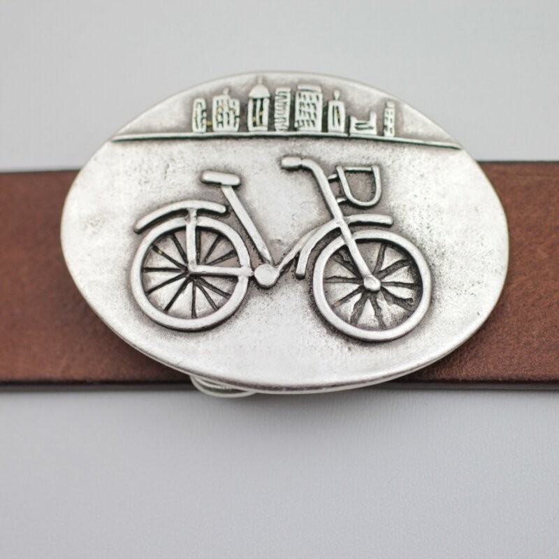 Oval Bicycle Belt Buckle Antique Silver With Road Bike Rider Vintage Style