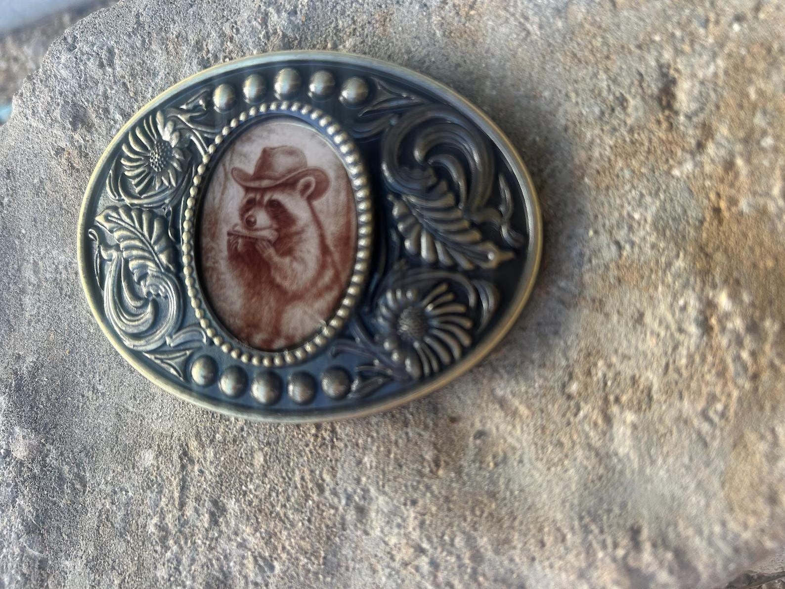 Raccoon Playing Harmonica Belt Buckle Antique Gold Fits 1.5 Inch Strap