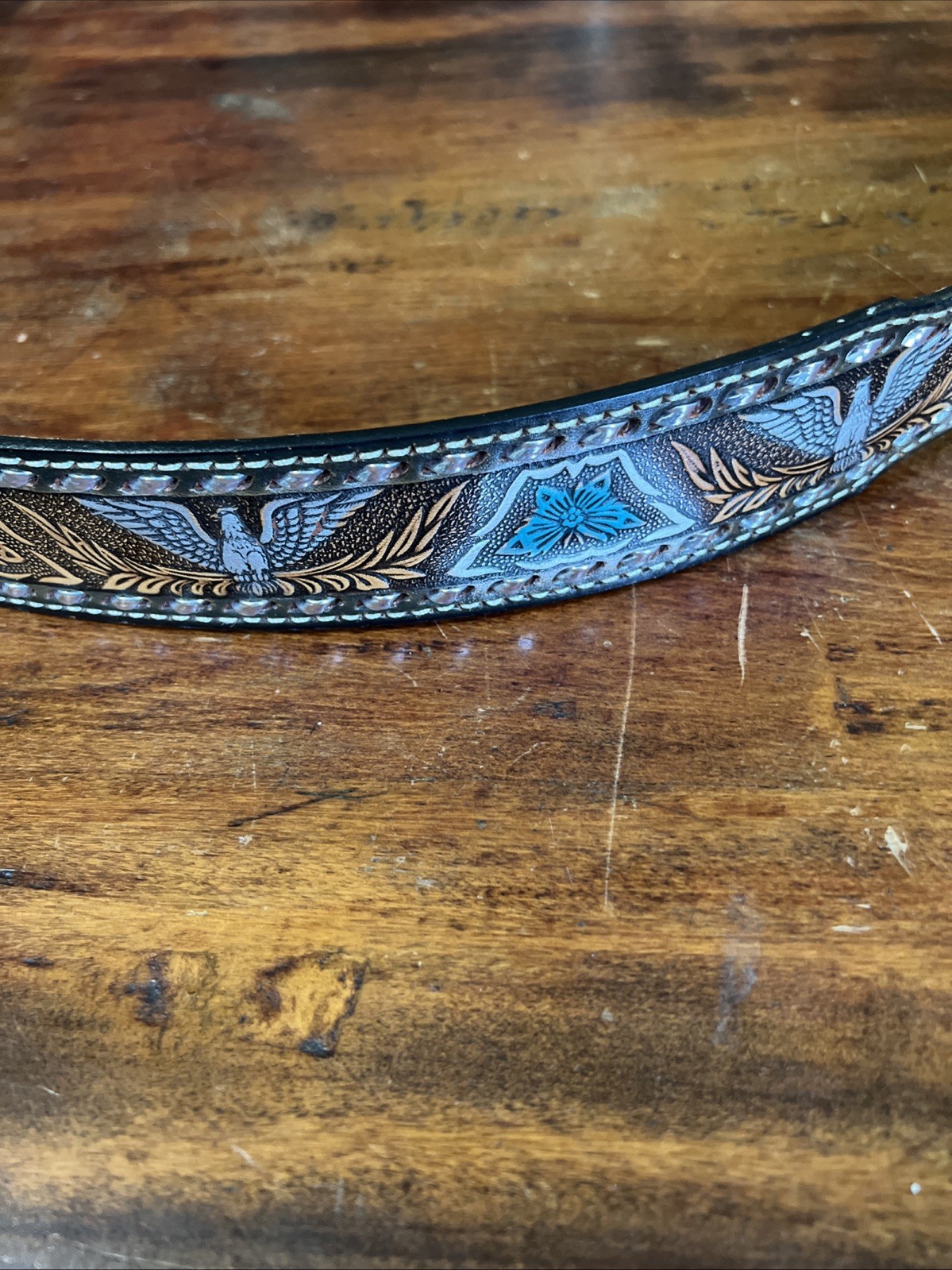Handmade Patriotic Western Belt 30-Eagles-Brn/White-Blue-Stitches-Buckle-Leather