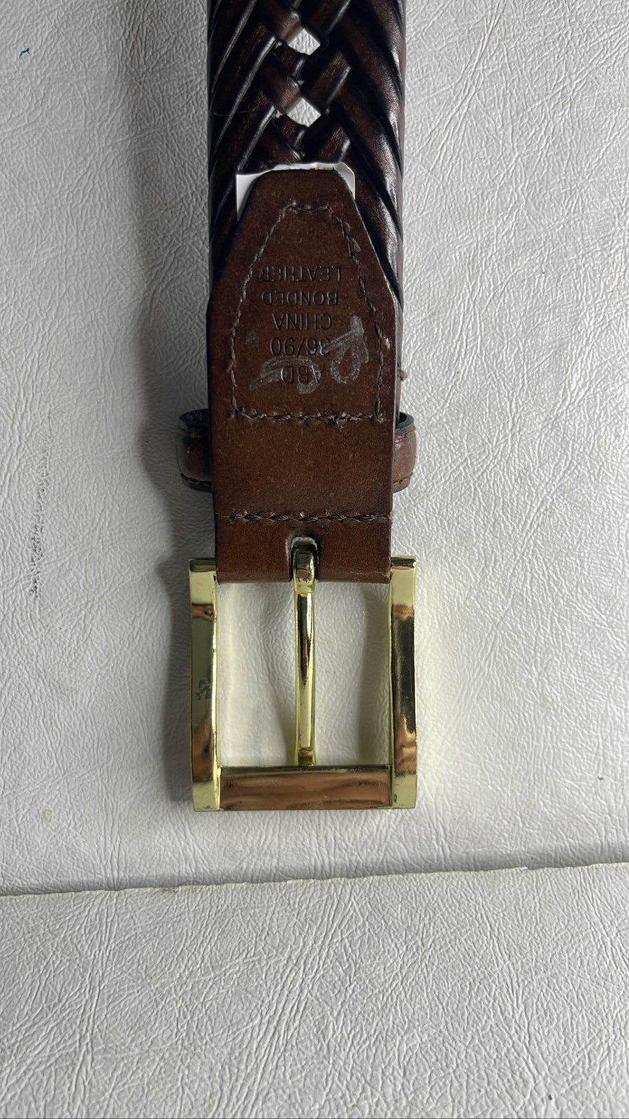 Brown Braided Bonded Leather Belt 36/90 Gold Tone Buckle Men Woven