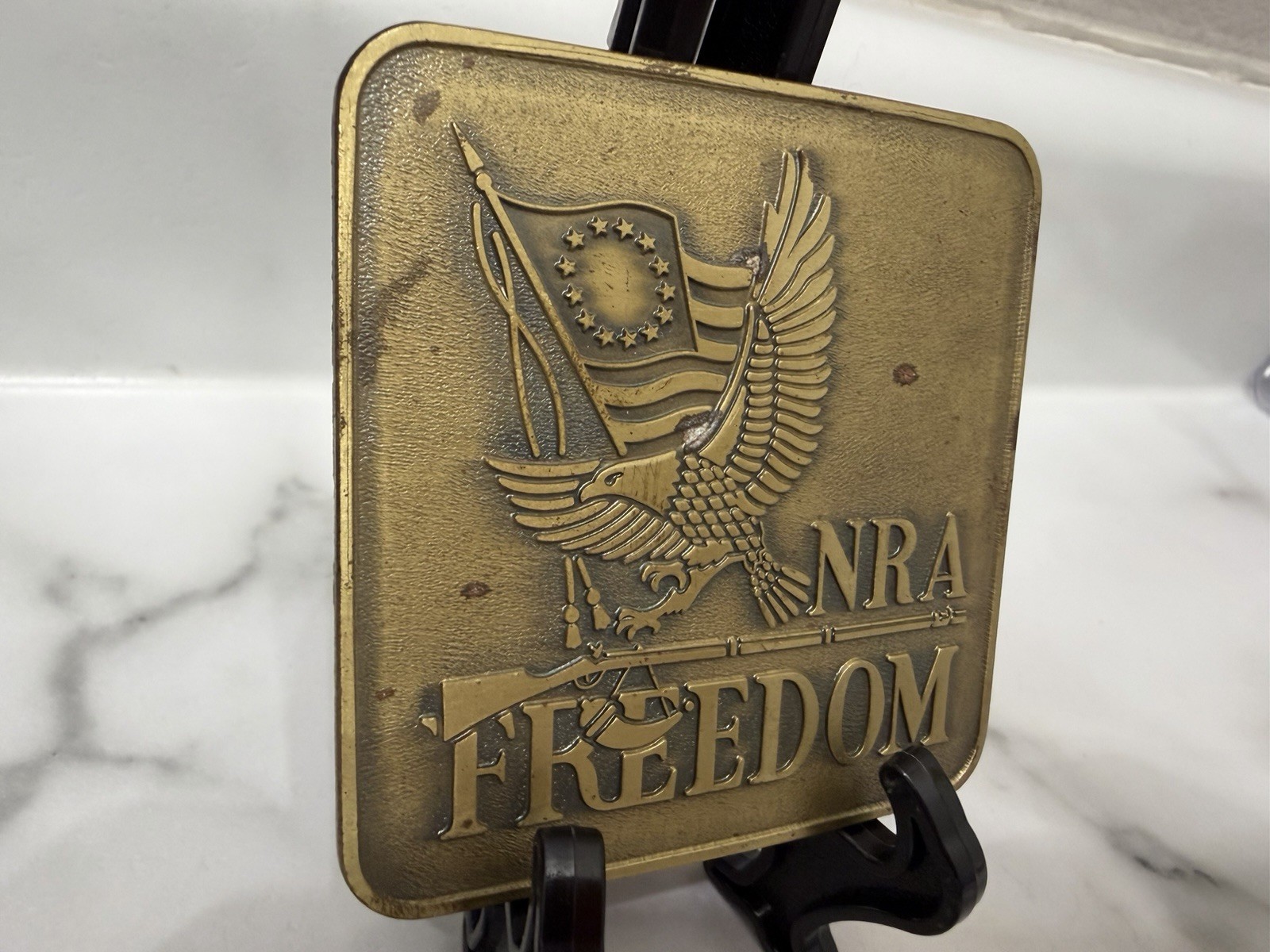 NRA National Riffle Association Freedom Flag Eagles 3&Prime; Bicentennial Belt Buckle