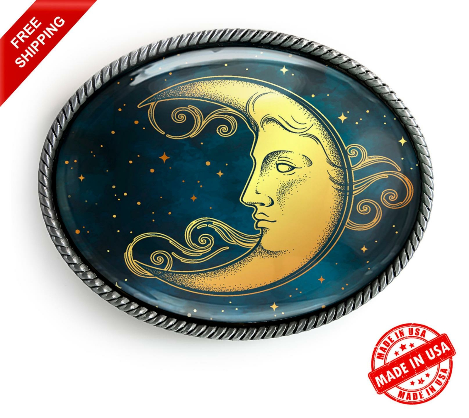 Crescent Moon Belt Buckle – Esoteric Celestial Handmade Resin Buckle – 35