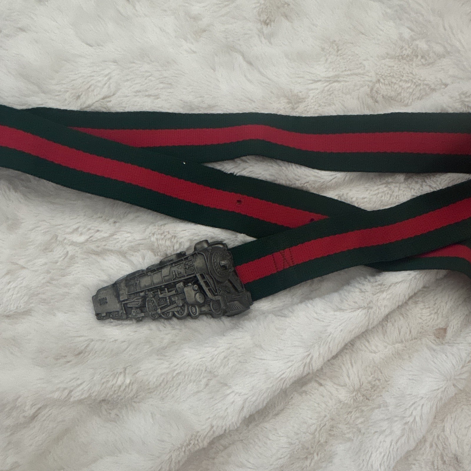 Train Locomotive Metal Belt Buckle Silver Red Green Striped Fits 1.5in