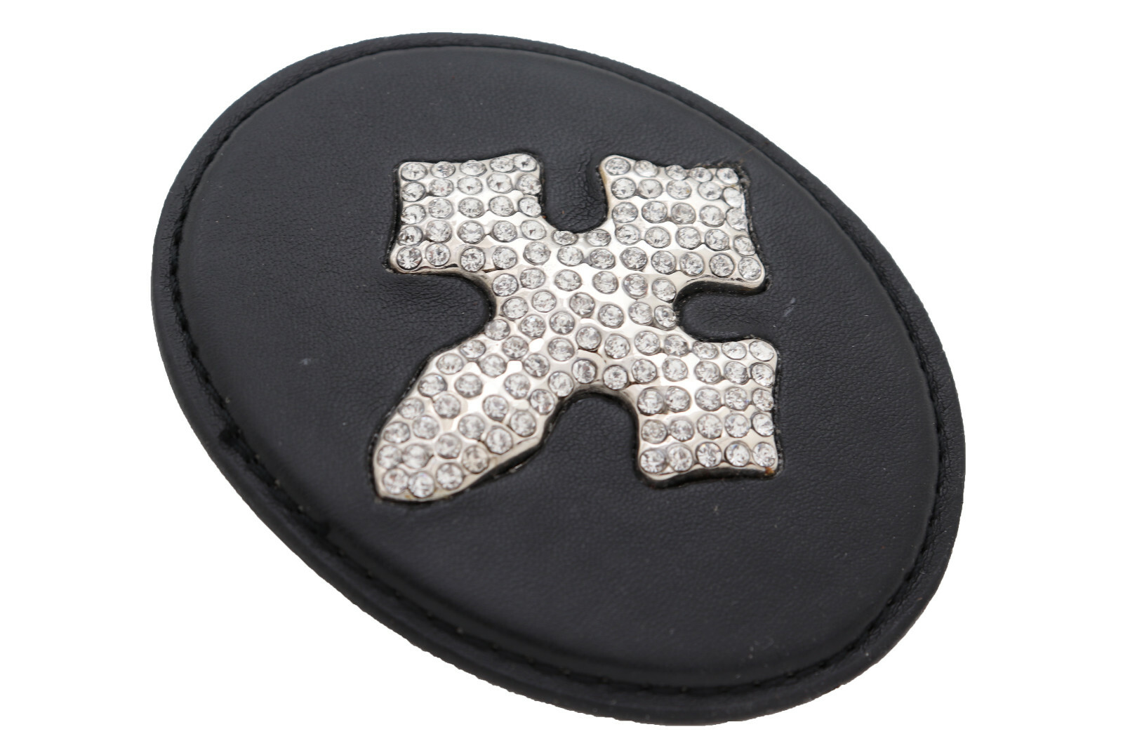 Men Women Fashion Black Oval Belt Buckle Silver Metal Bling Cross Religious Look