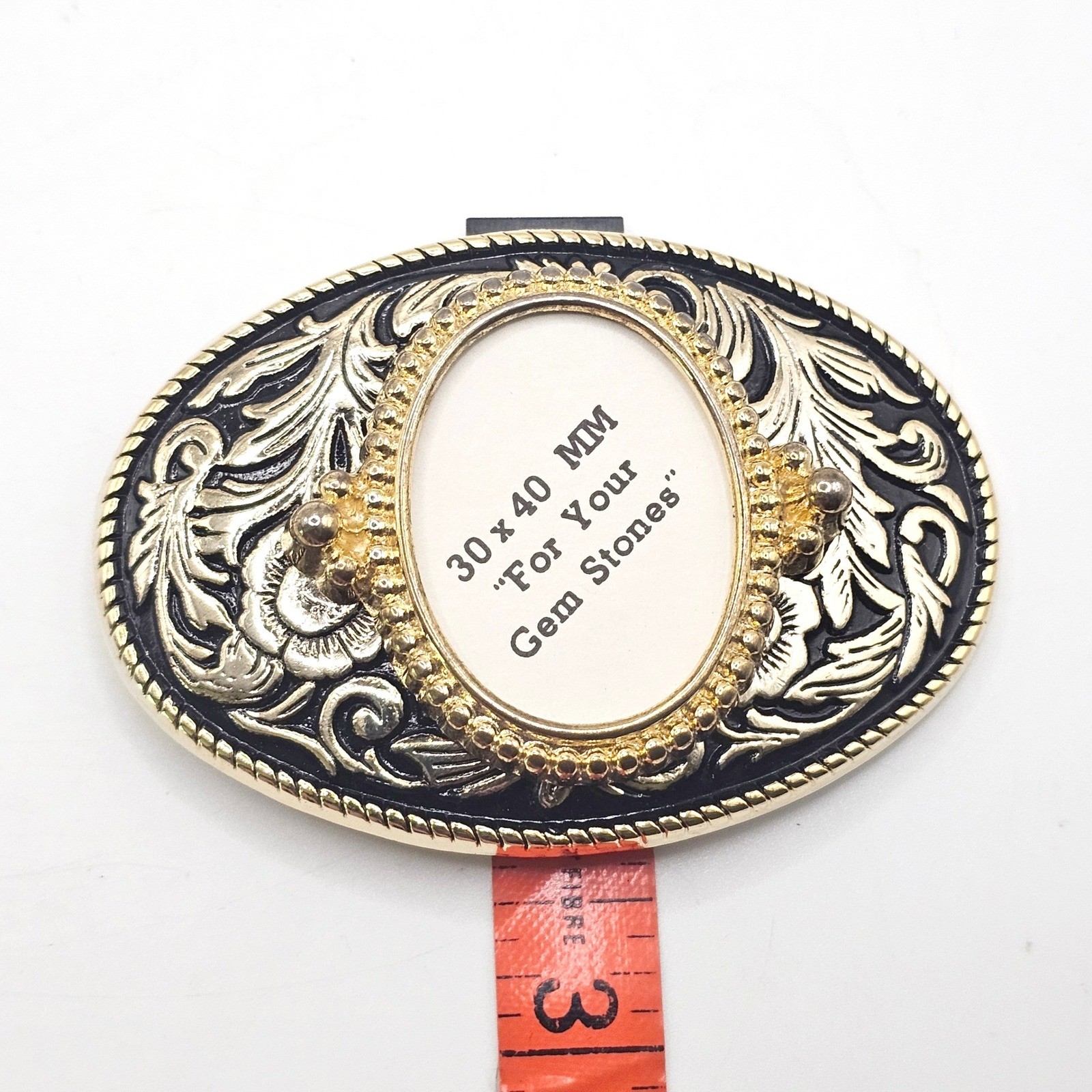 Western Floral Belt Buckle Gold Black Oval 30x40mm Gemstone Setting Made in USA
