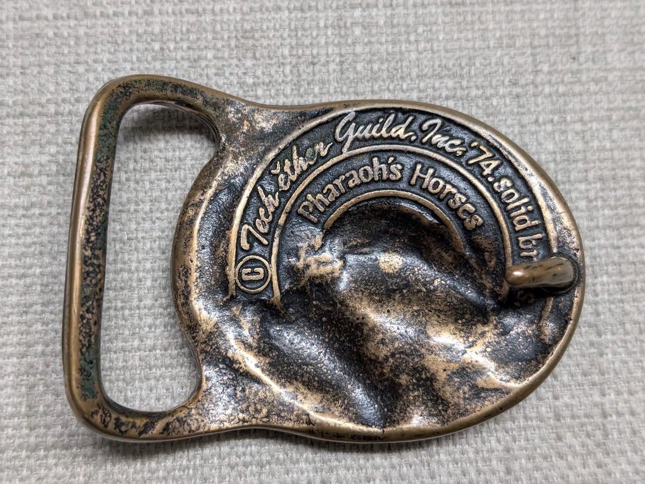 1970s vintage SOLID BRASS belt buckle PHAROHS HORSES western TECH ETHER GUILD