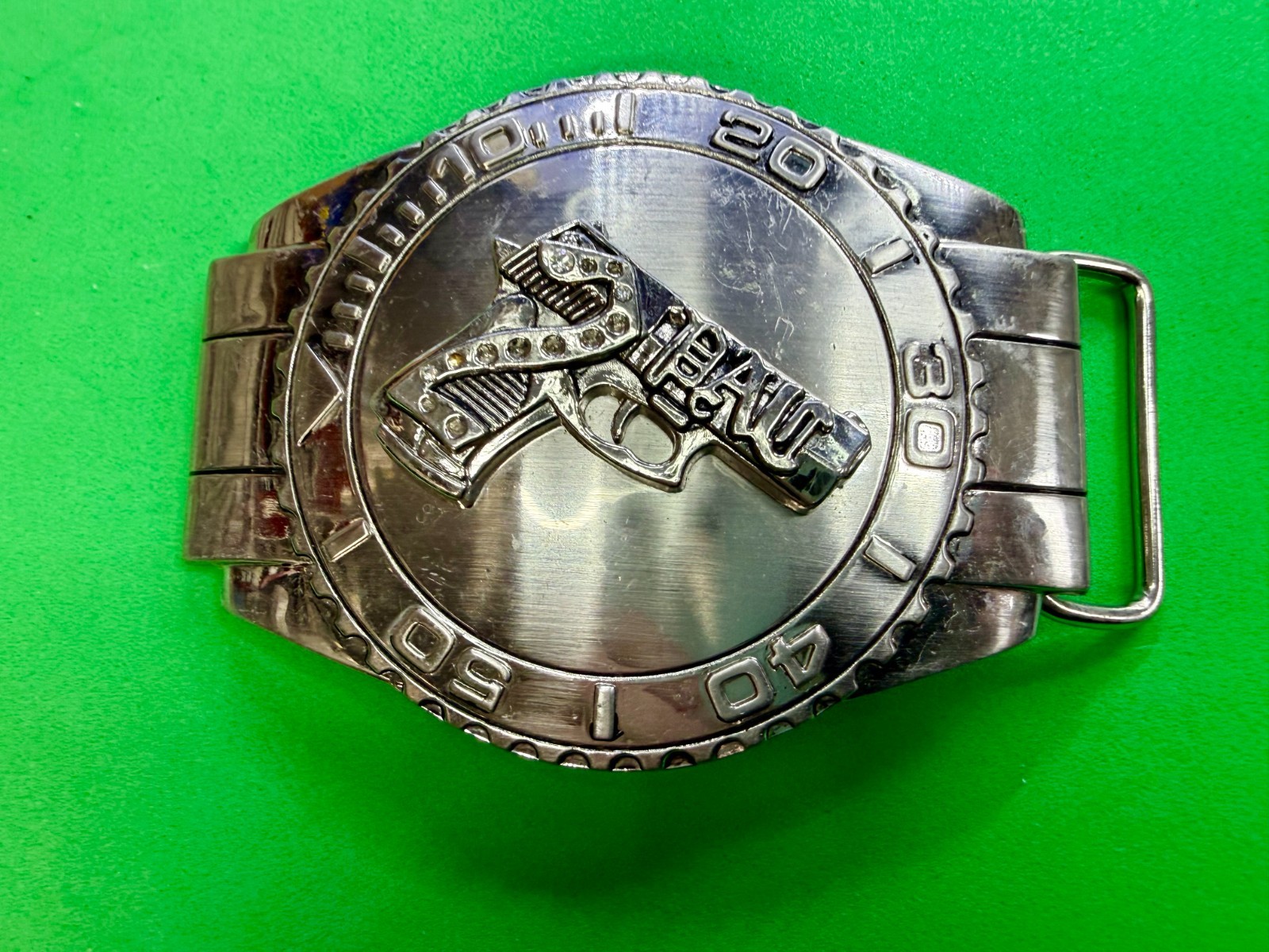 Dive Watch Style Shape Pistol Gun with Rhinestone Silver Color Large Belt Buckle