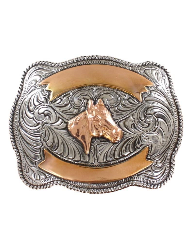 Crumrine Western Belt Buckle Horse Head Rope Edge Silver Copper C10107