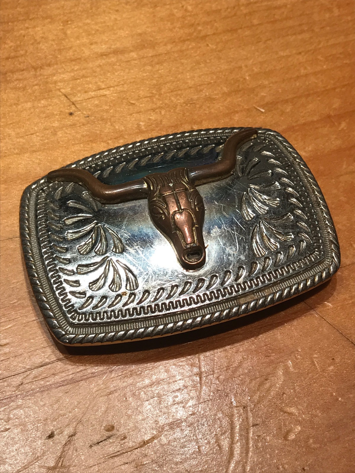 CLASSIC LONGHORN BULL / STEER HEAD WITH WESTERN PATTERN BELT BUCKLE