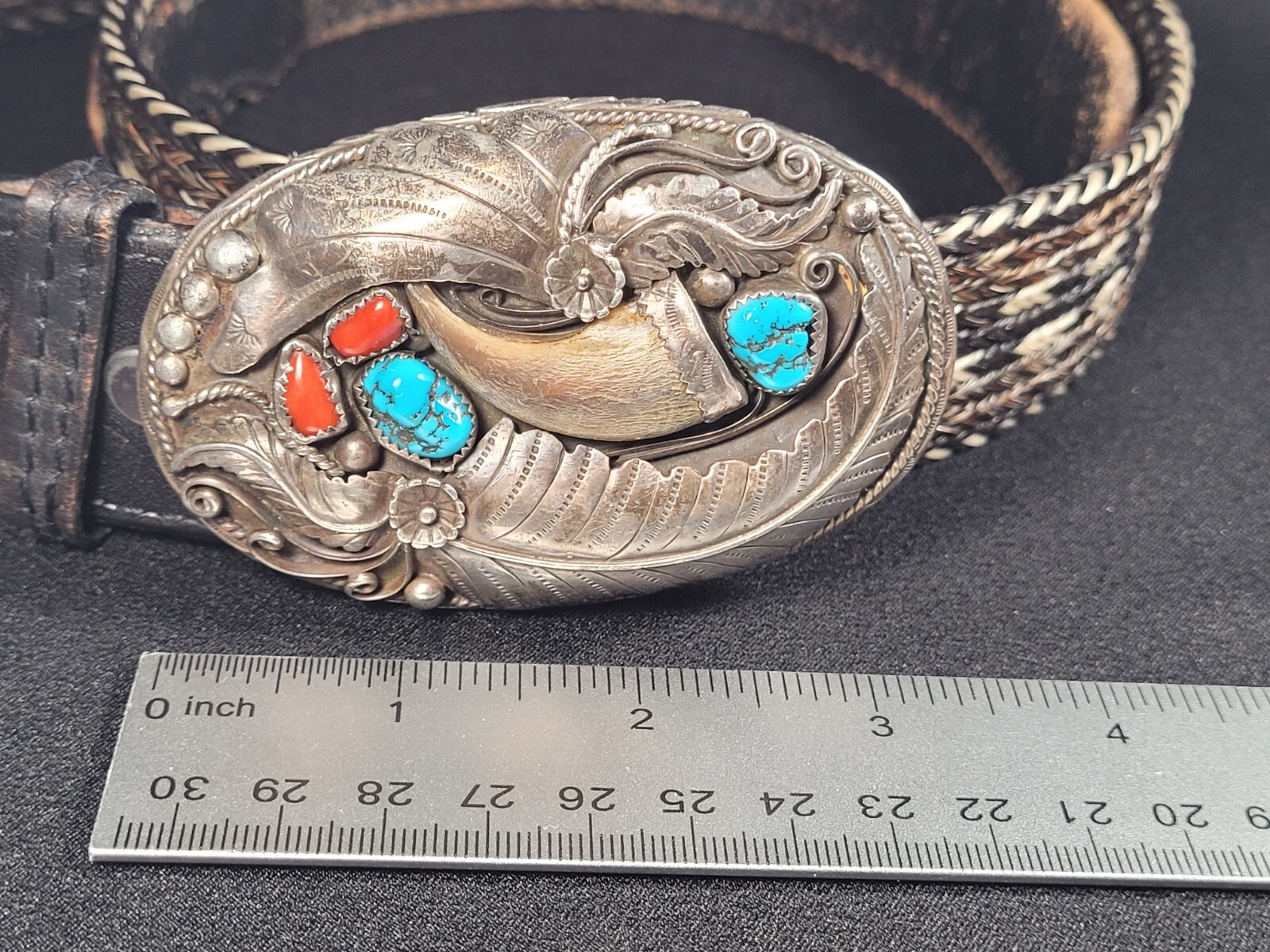 Braided Nylon And Leather Belt With Silver Turquoise Coral Belt Buckle 35097-11