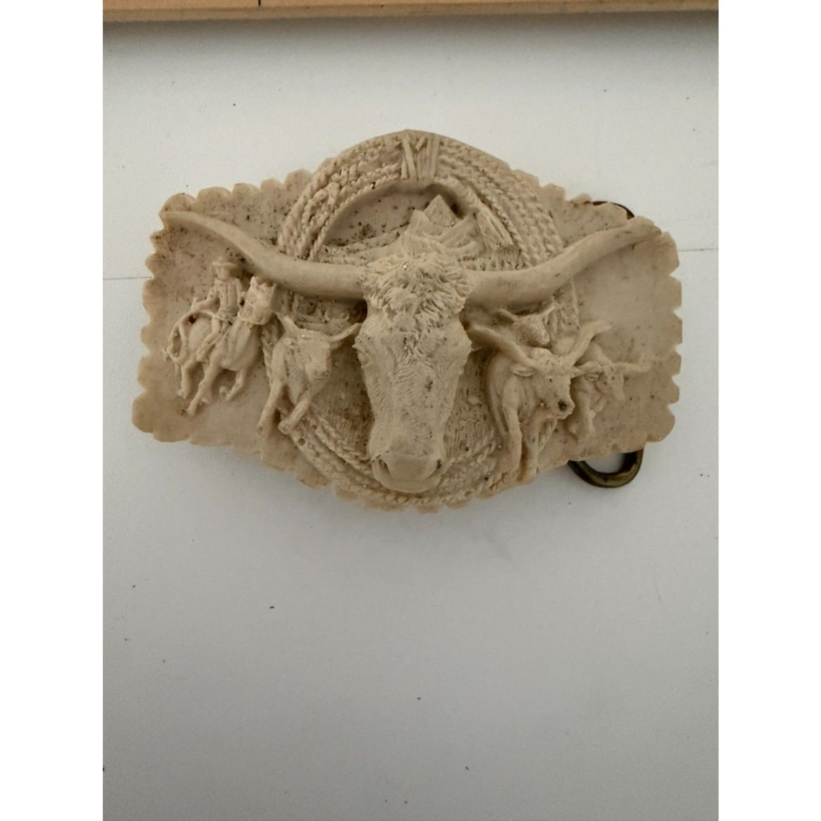 Vintage Longhorn bull head western belt buckle with cowboy and rope motif