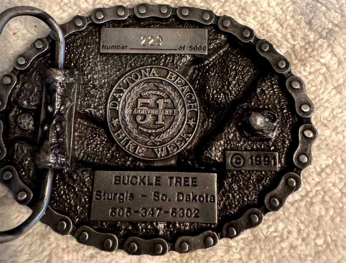 VINTAGE 1992 DAYTONA BIKE WEEK BELT BUCKLE ARTISTRY IN IRON silver or brass