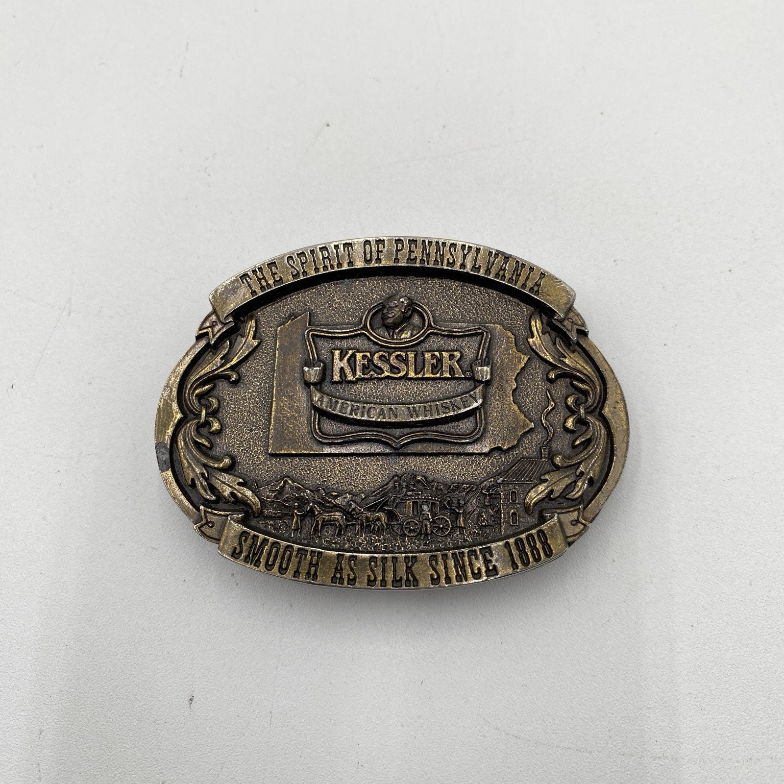 Vintage Belt Buckle Kessler American Whiskey Smooth As Silk 1993 Brass Tone USA