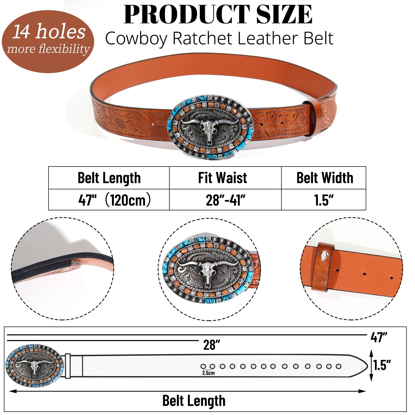 VASTRISE 2Pcs Western Cowboy Belts for Men 120cm, Gold+turquoise