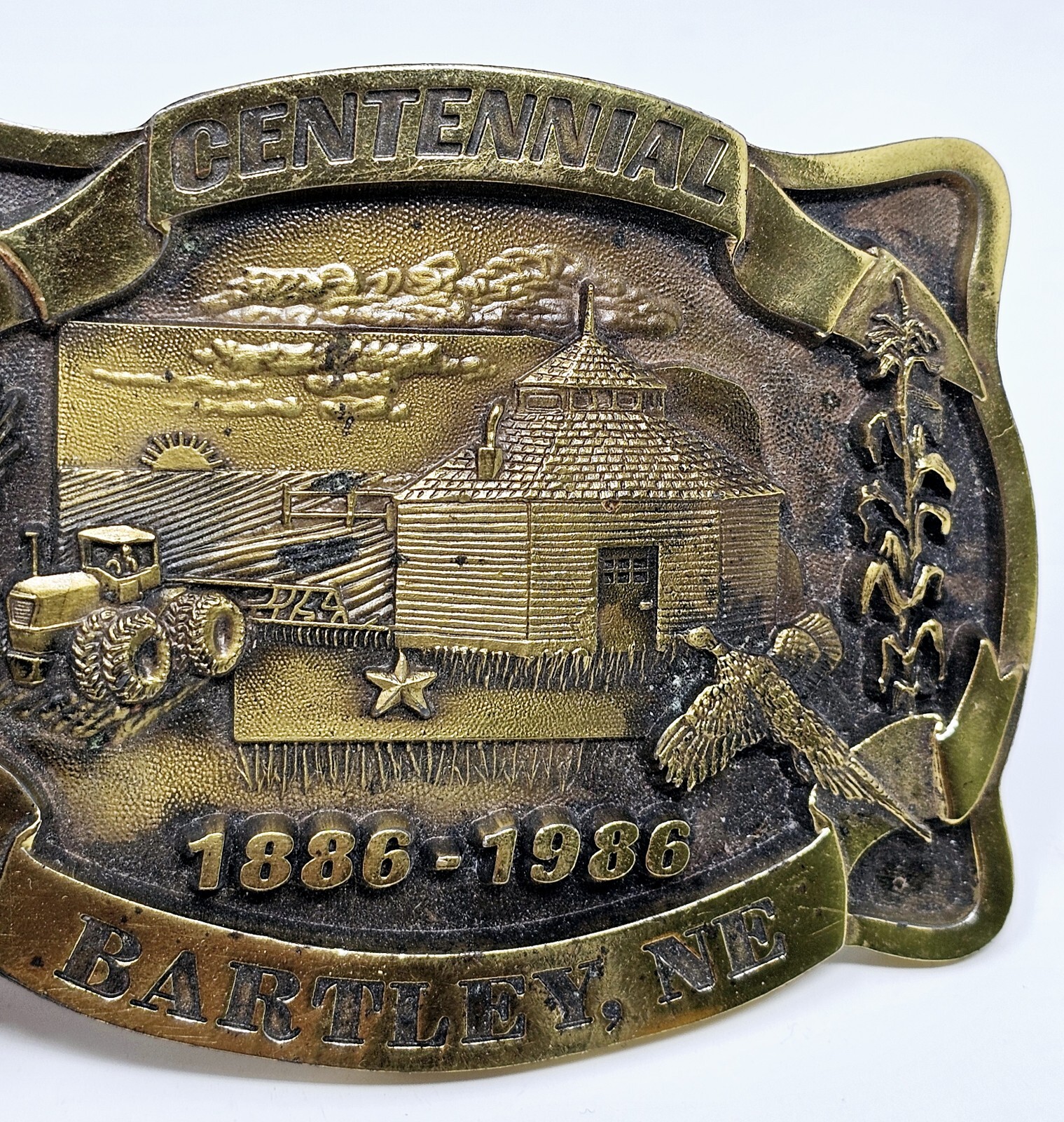 Bartley Nebraska Centennial Belt Buckle 1886-1986 Homestead Farm Corn #176/300