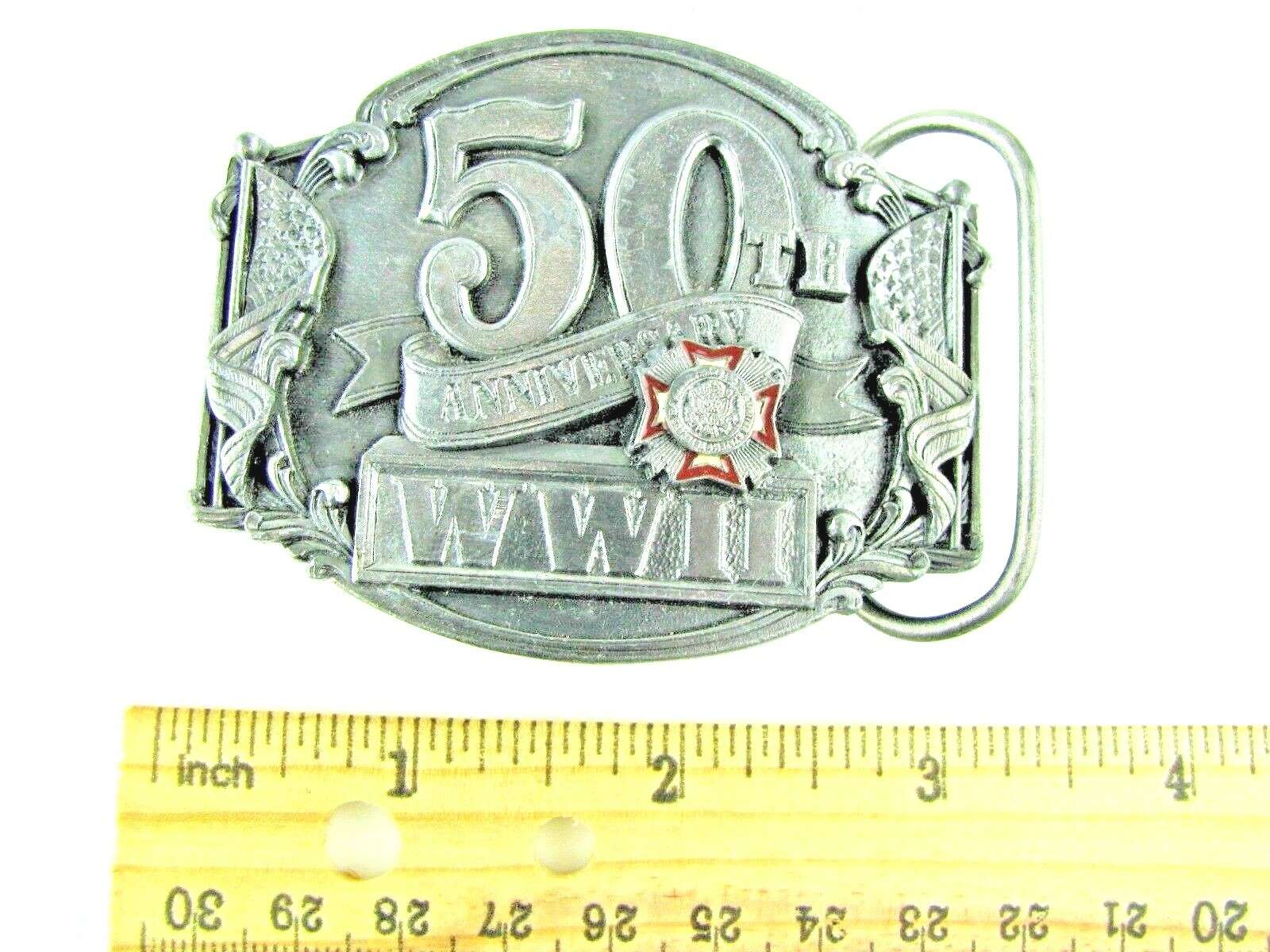 WWII 50th Anniversary Belt Buckle Siskiyou Enamel Pewter #910882 Military 1991