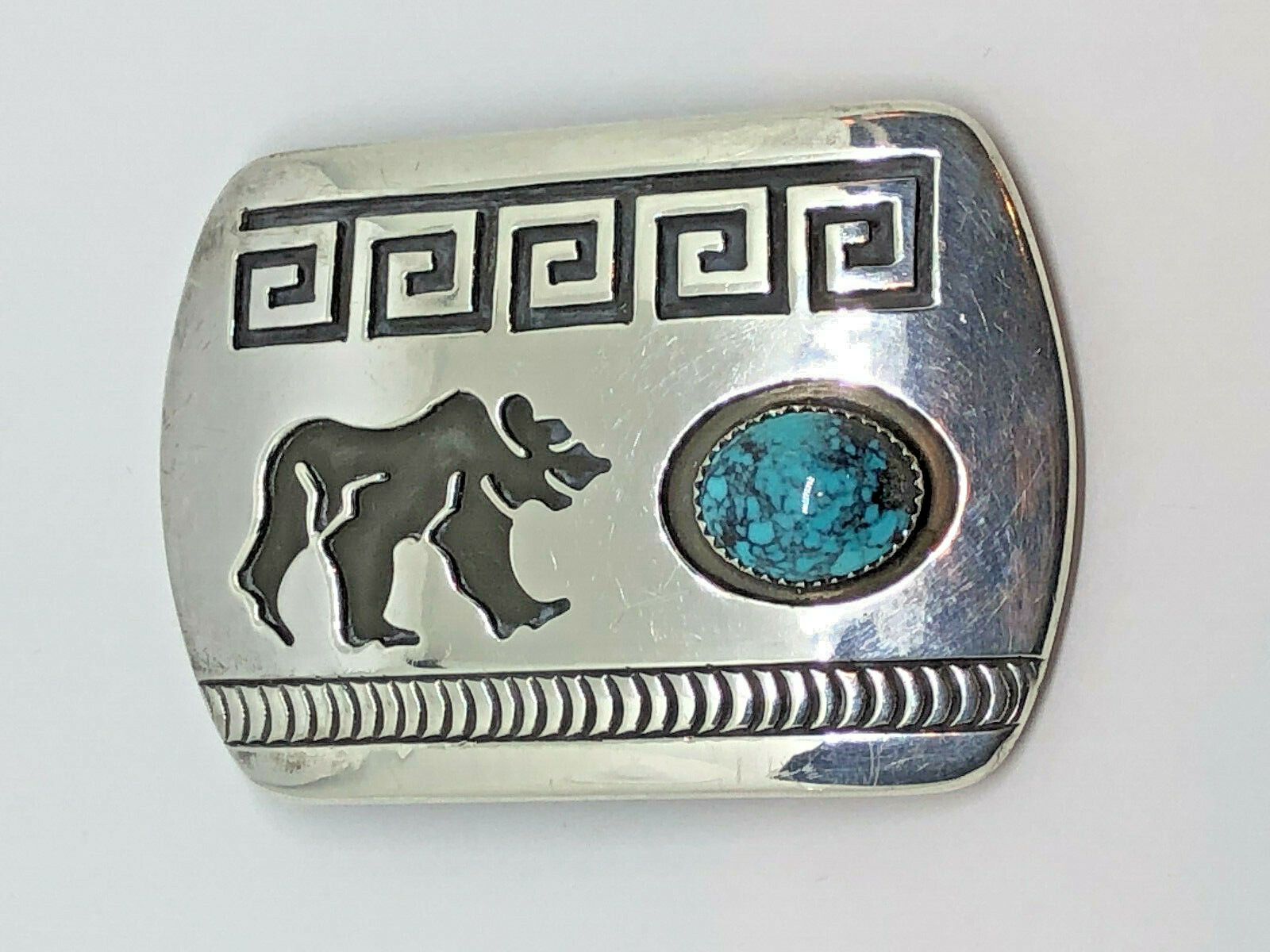 Navajo ~Rosco Scott ~Sterling Silver Overlay Turquoise Bear Belt Buckle – #419
