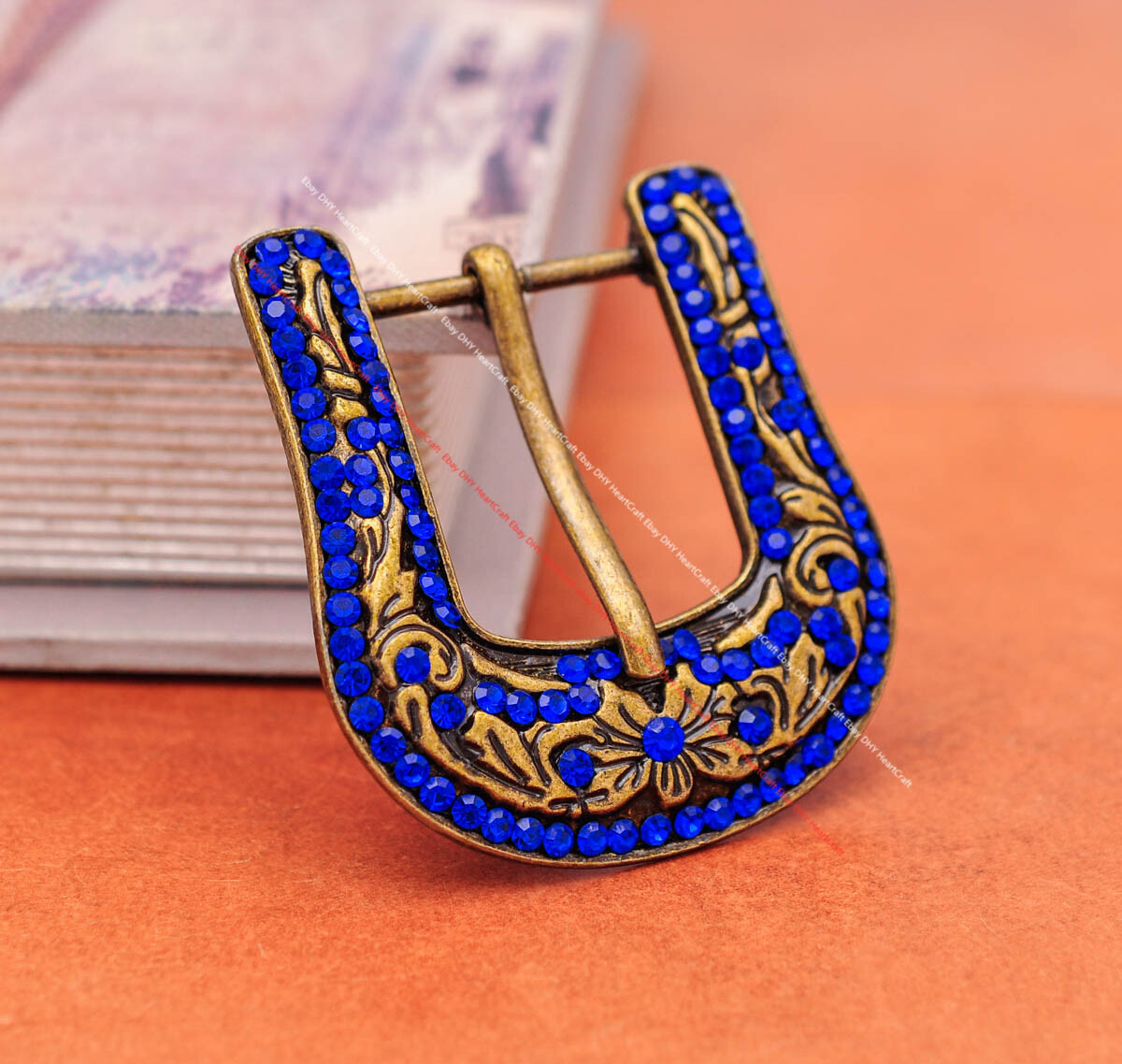 Brass Blue Crystal Rhinestone Western Floral Belt Buckle Set Fit 30MM Strap