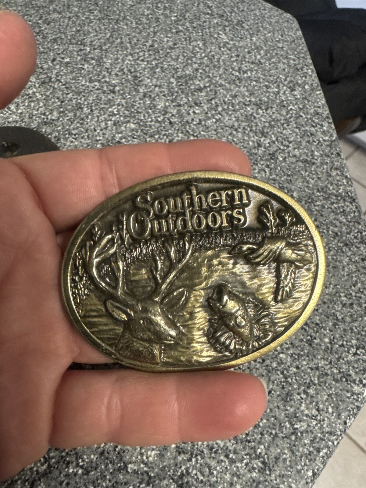 Belt Buckle Southern Outdoors Deer Bass Fish Duck Gold Limited Edition Vintage