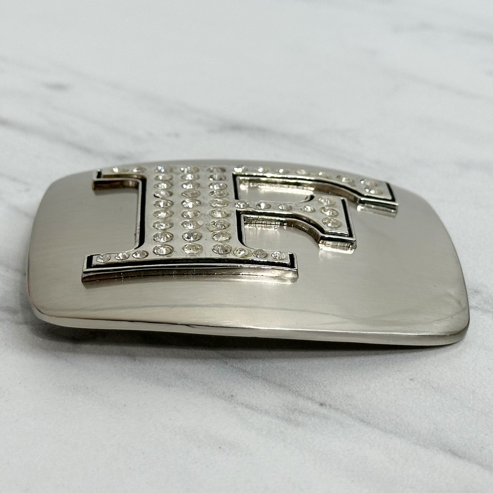 Rhinestone Studded F Letter Initial Monogram Silver Tone Belt Buckle