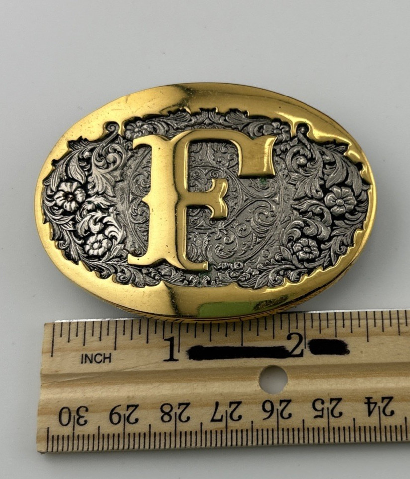 Cowboy Rodeo Western Metal Belt Buckle Letter « F » 2.5&Prime; x 1.2&Prime; Gold & Silver Tone