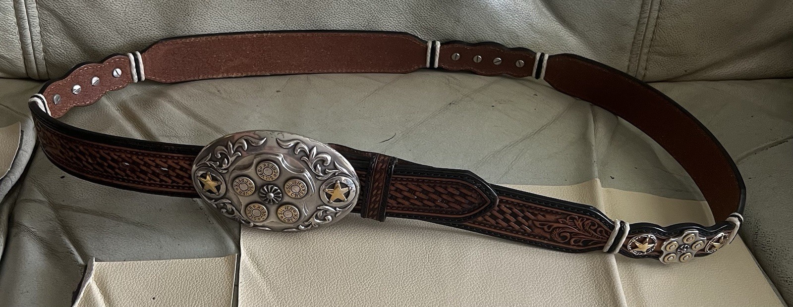 Silver Creek Belt Buckle Bullets Western Two Tone Revolving Center Cylinder Belt