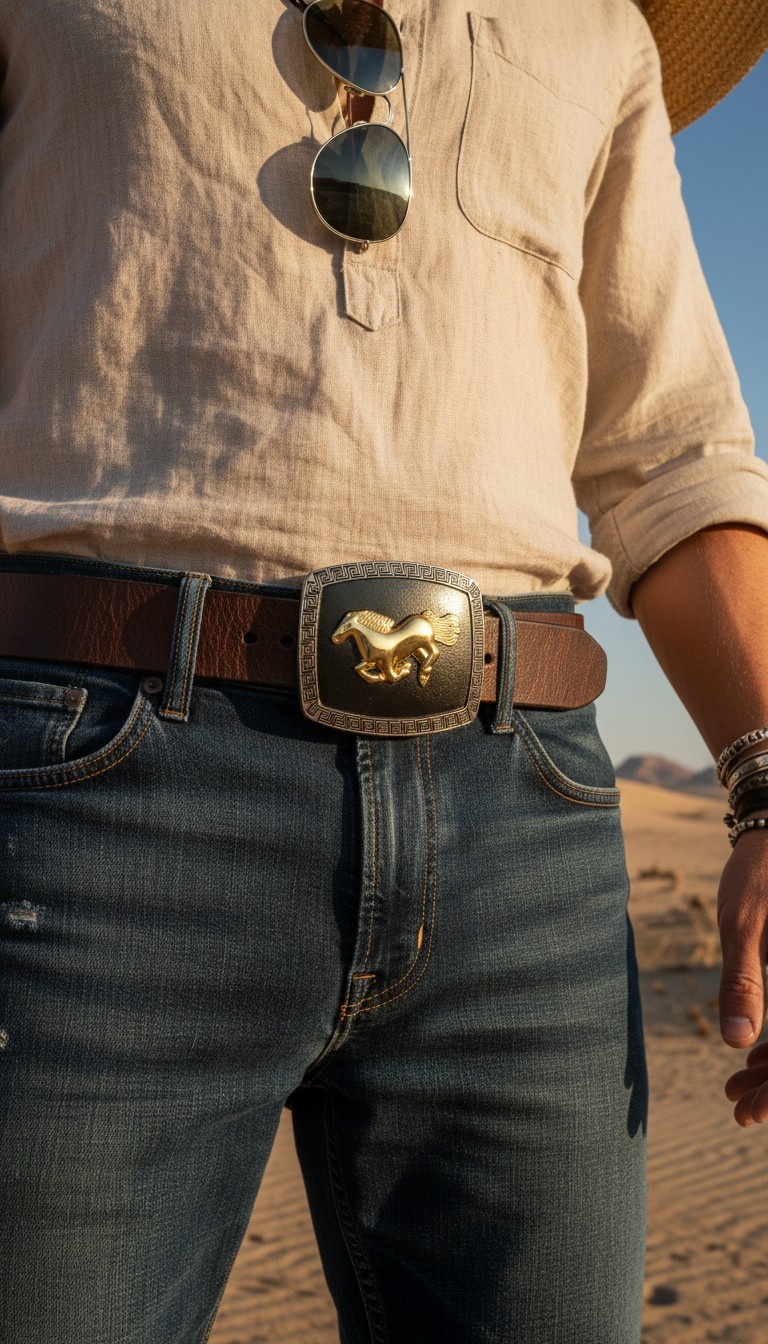 Men Women Western Belt Buckle Silver Metal Square Gold Rodeo Horse Black Fabric