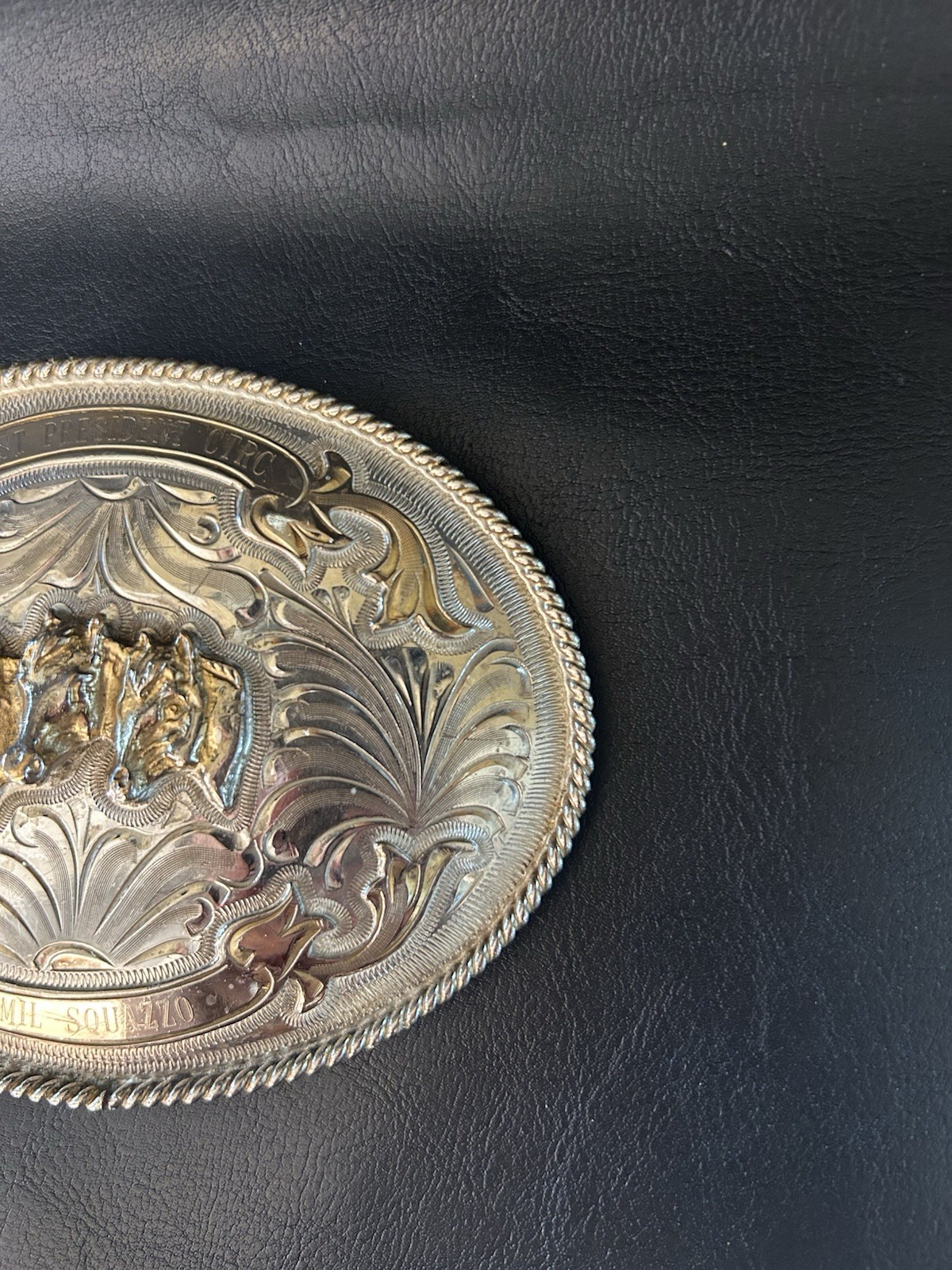 Vintage Alpaca Mexico Belt Buckle Three Horse Heads Western Filigree