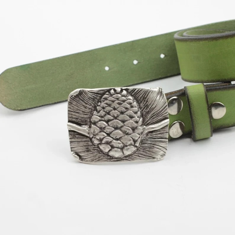Pine Cone Belt Buckle in Antique Silver – Handmade Forest Motif Buckle