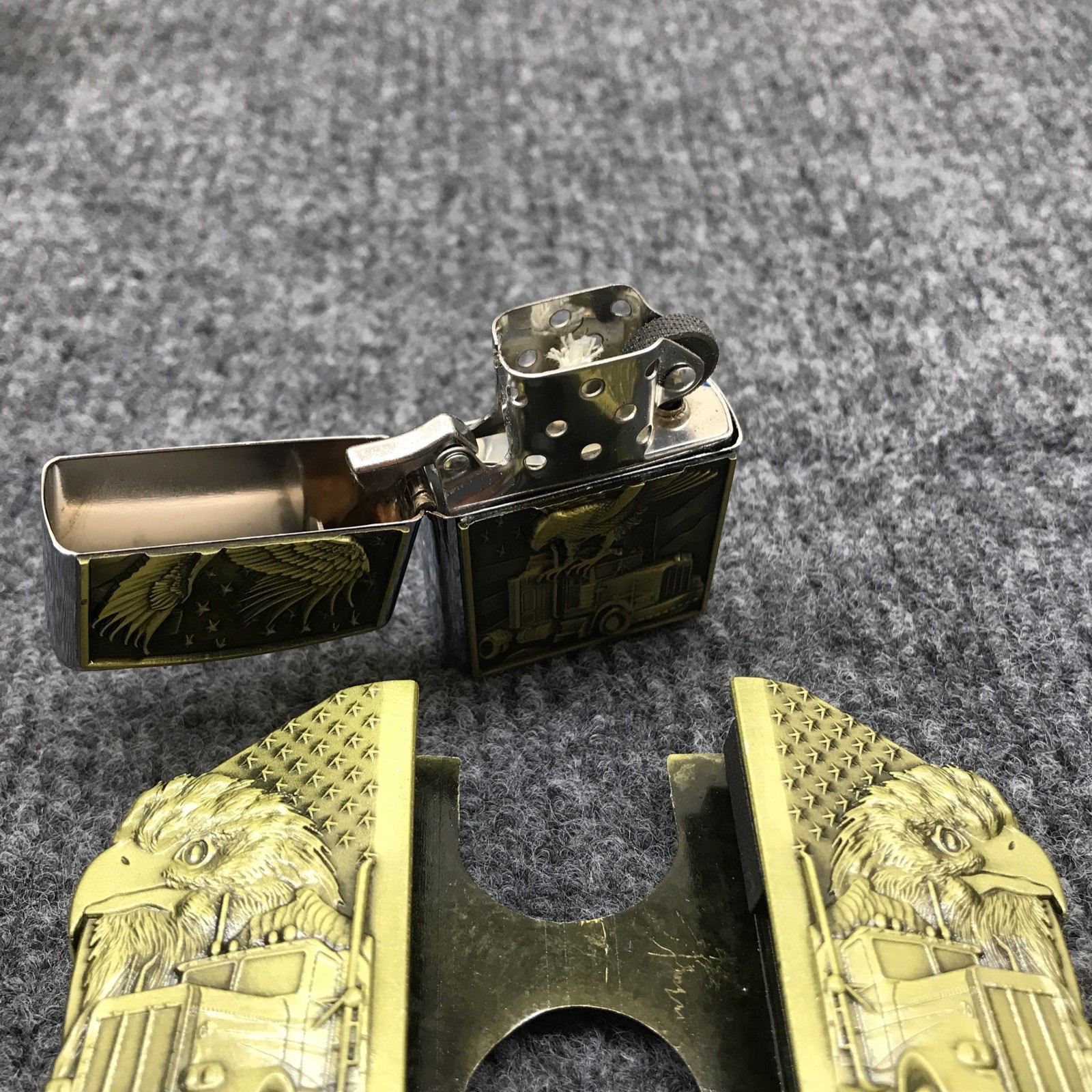 Antique Brushed Eagle Truck Belt Buckle Lighter Holder, Stock in US