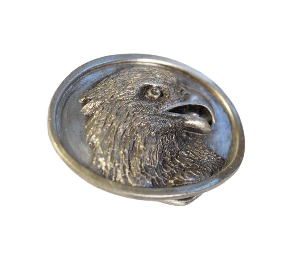 Vintage 1984 Bergamot Brass Works Eagle Head Oval Silver Tone Belt Buckle USA