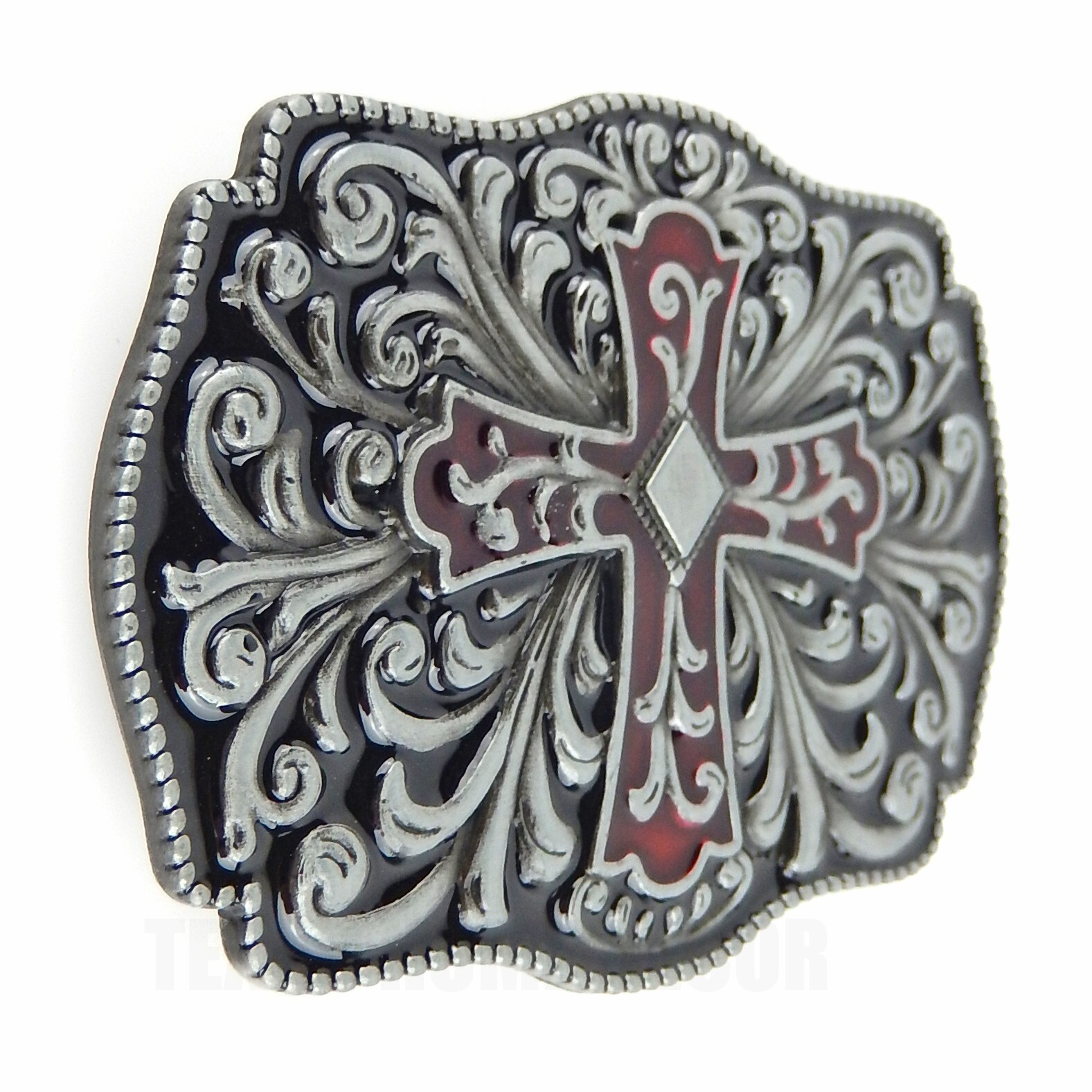 Floral Cross Belt Buckle Antique Silver Tone Fits 1.5&Prime; Belts Red Black Enamel
