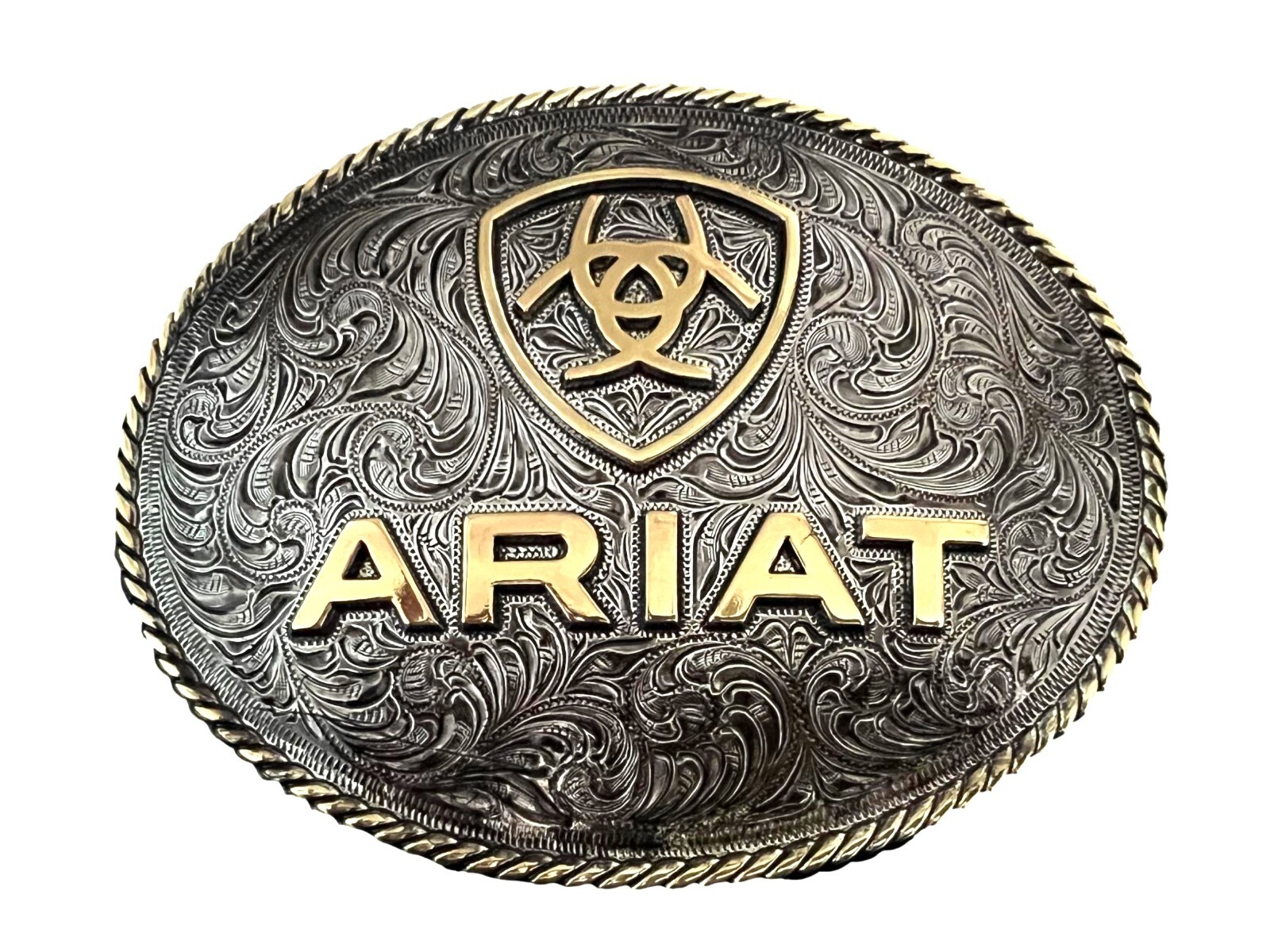 ARIAT Men&rsquo;s Antique Silver and Gold Oval Belt Buckle Rope Edging
