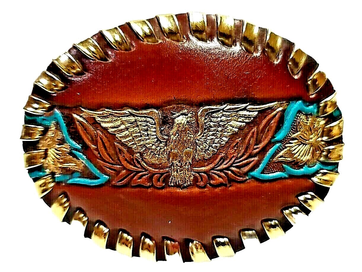 EAGLE Belt BUCKLE w/ SILVER Edge LACING Handmade Sm. BROWN LEATHER Western/Biker