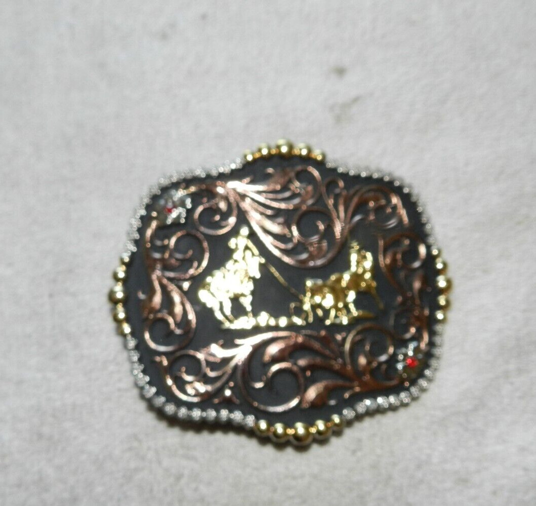 Montana Silversmiths Western Buckle Scalloped Team Roper Black Inlaid Multicolor