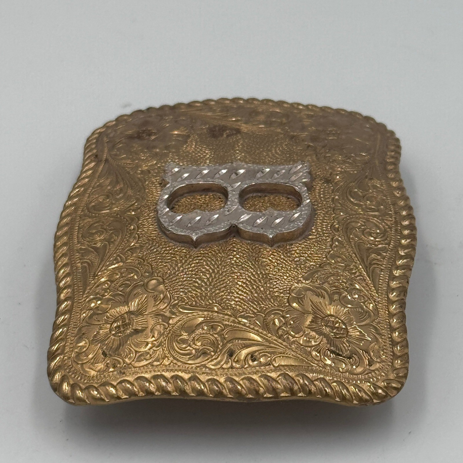 Crumrine El Arturo Bronze Western Belt Buckle Floral Engraved Initial B Vintage