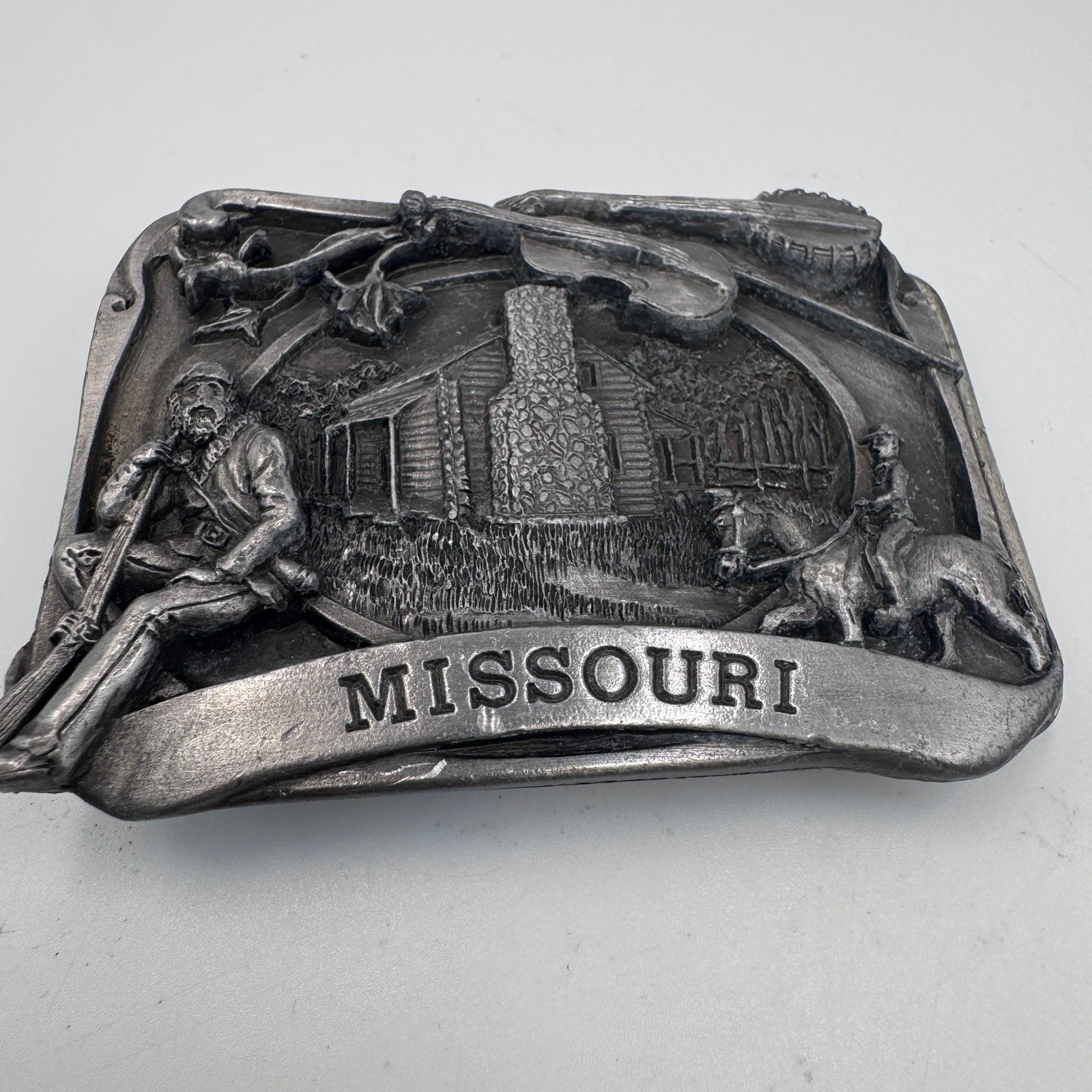 Vintage Missouri State Belt Buckle Pioneer Log Cabin Fiddle Banjo Pewter Tone