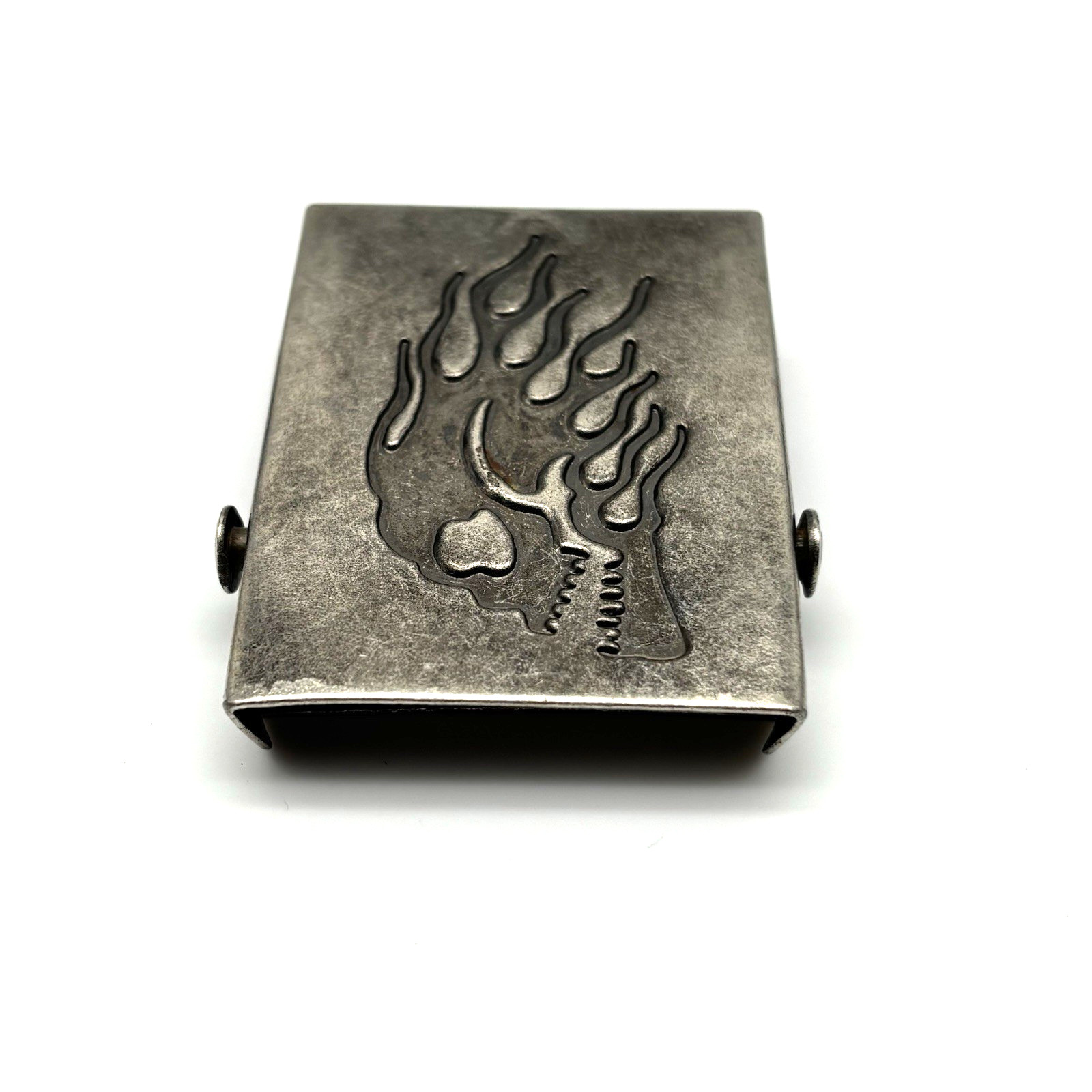 Vintage 90s Silver-tone Metal Flame Skull Military Slide Buckle for 1.5&Prime;Web Belt