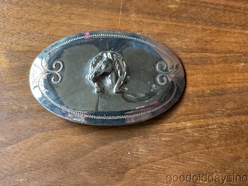 Vintage Chrome Silver Horse with Horseshoe Belt Buckle