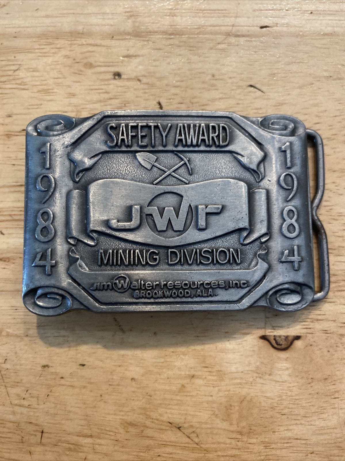 Mining Belt Buckle Collector METAL Original 1984 Safety Award Patina Miner USA