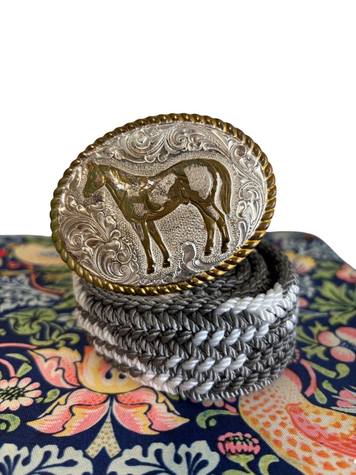 Crumrine Western Belt Silver Horse Design & Braided Gray-White Belt 30 Inches