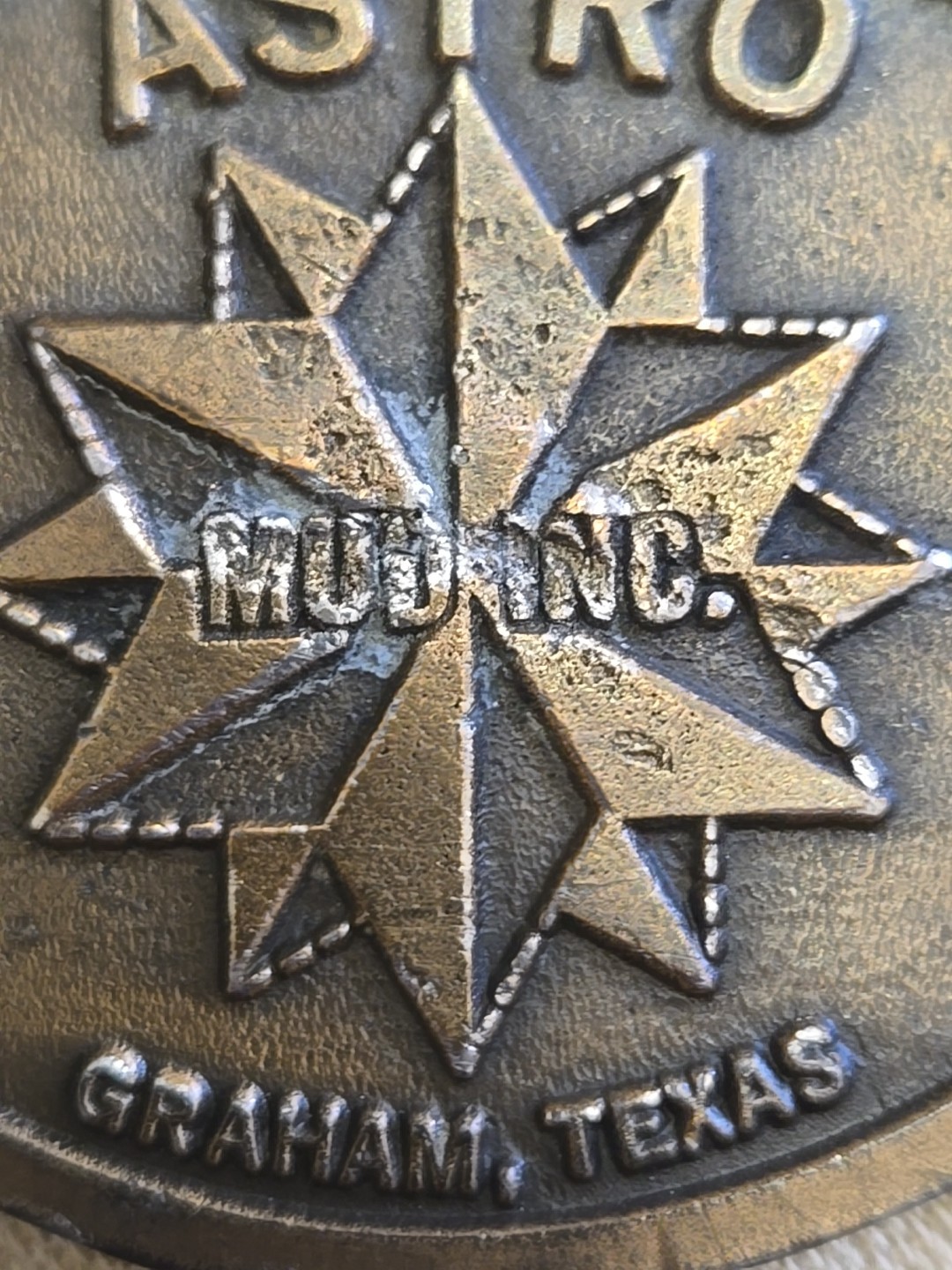 Vintage Hit Line Corporate Brass Belt Buckle ASTRO MUD INC Graham TX Read