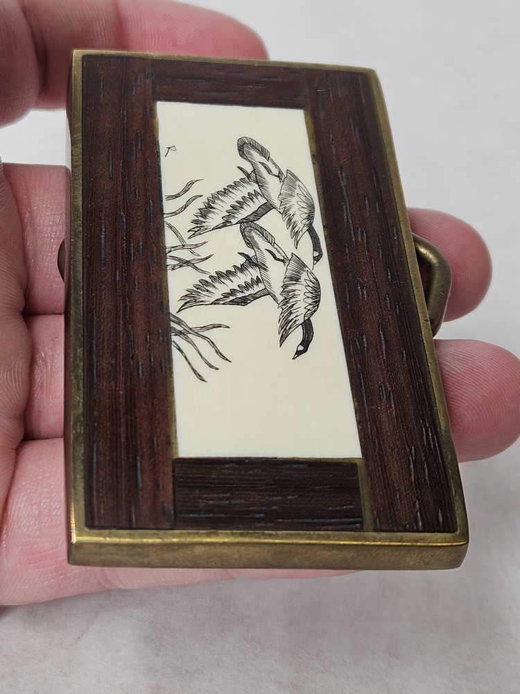 Vintage 1978 Brass Wood Duck Etched Belt Buckle