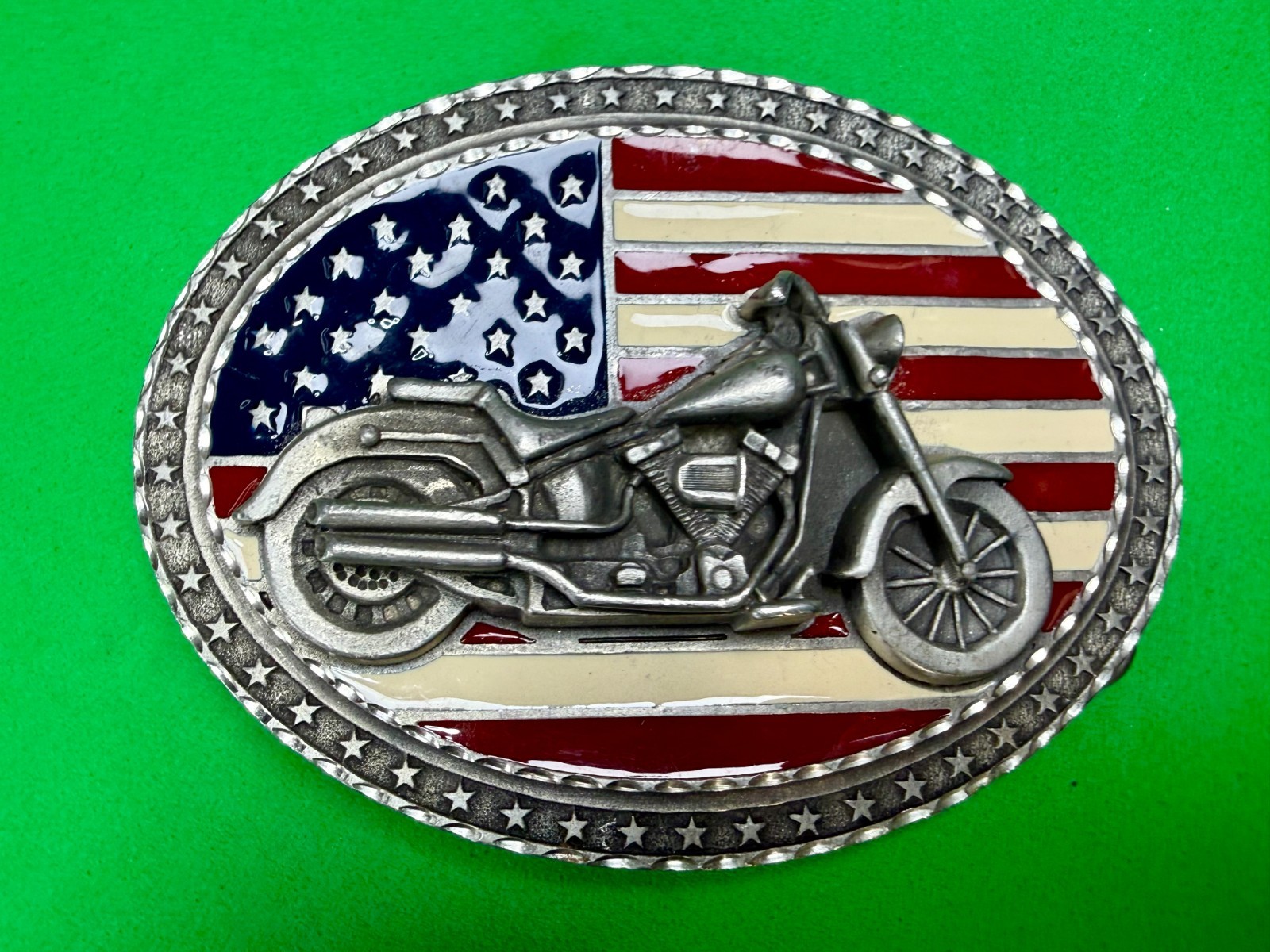USA American Flag Motorcycle Star Border 2002 EJC Belt Buckle by Legend West