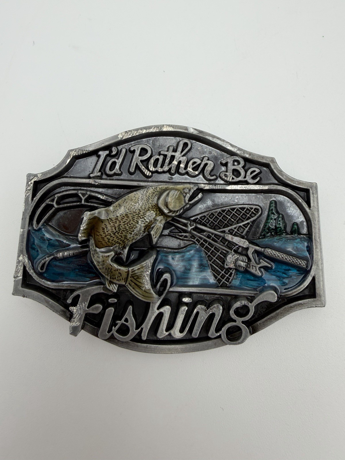 “I&rsquo;d Rather Be Fishing” Novelty Humor Belt Buckle Silver Tone Enamel Preowned