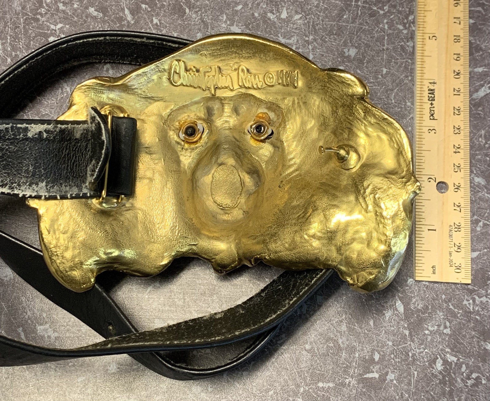 CHRISTOPHER ROSS LION HEAD 1984 GLASS EYES BUCKLE & BLACK BELT 24kt GOLD PLATED