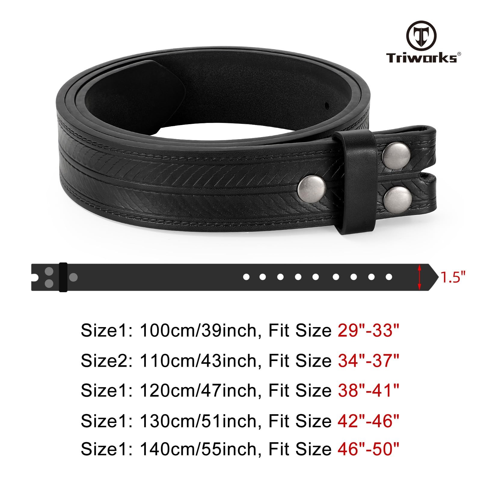 TRIWORKS Western Belts for Men without Buckle Cowboy Fit Size 38&Prime;-41&Prime;, Black