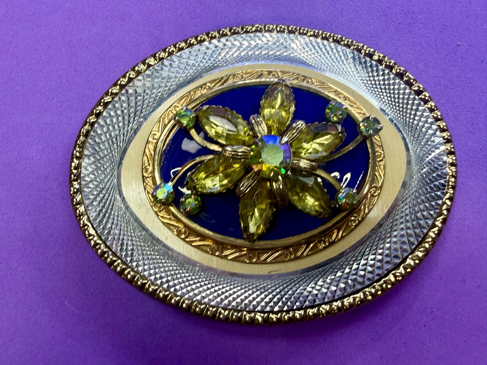 Flower Rhinestone Accented Floral Theme Etched Artisan Ladies Belt Buckle W USA